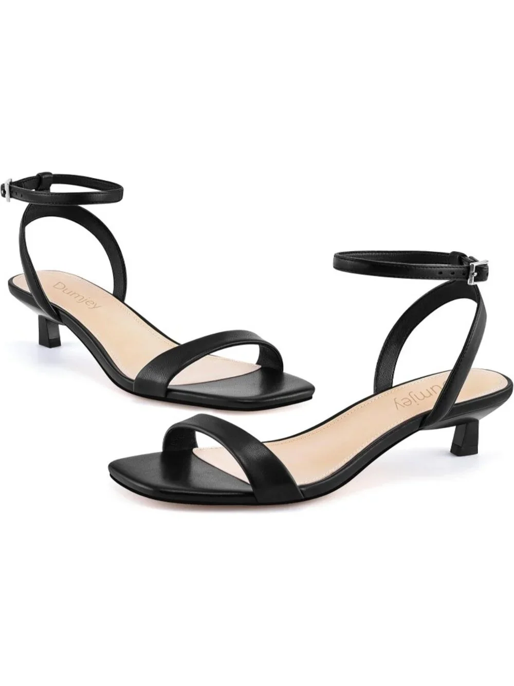Women's Black Faux Leather Square Open Toe Ankle Strap Kitten Heeled Sandals